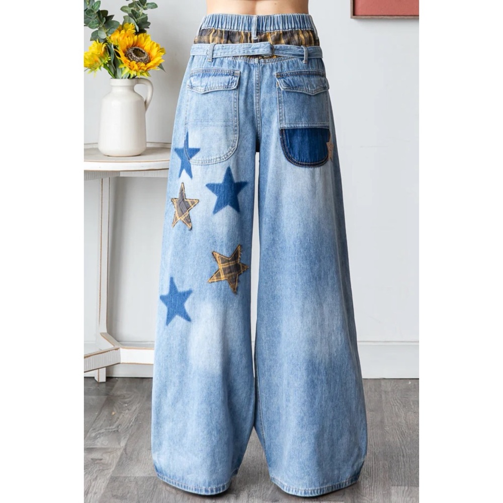 Oli & Hali Washed Star Love Patchwork Jeans with Plaid - Picture 7 of 8